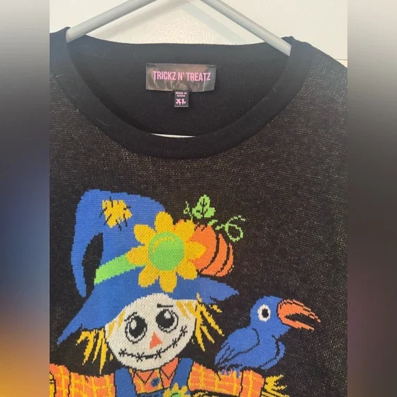 Black Trickz n’ Treatz Dolls Kill Scarecrow Autumn Halloween Harvest Sweater XL - Picture 4 of 7